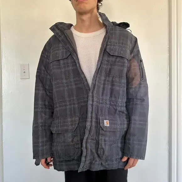 Rare Vintage 00s Quilted Carhartt Plaid Tactical Pocket Winter Ski Coat Jacket - Picture 7 of 8